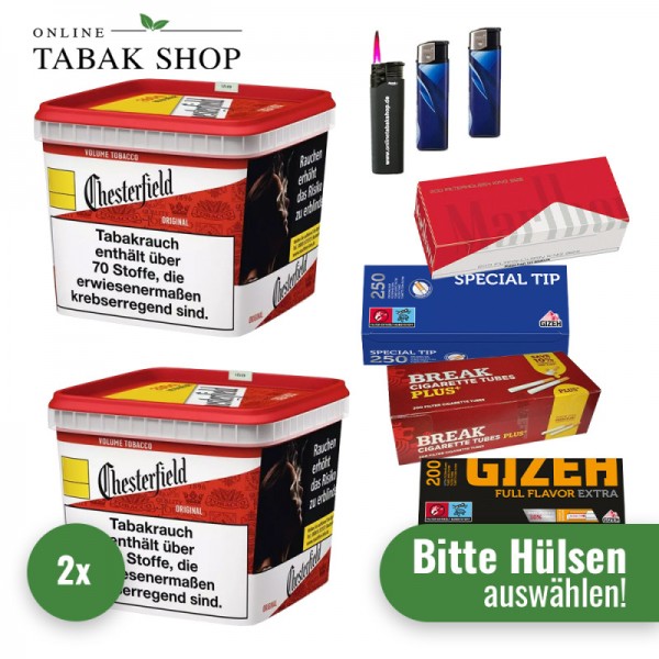Chesterfield Volumentabak Red (2 x 255g) + 1.000 Hülsen (nach Wahl) + 1 Sturmfeuerzeug + 2 Feuerzeuge