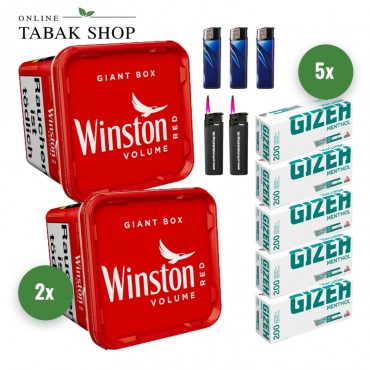 Winston Red Volumen Tabak (2 x 180g) + 1.000 Gizeh Menthol Hülsen + 3 Feuerzeuge + 2 Sturmfeuerzeuge