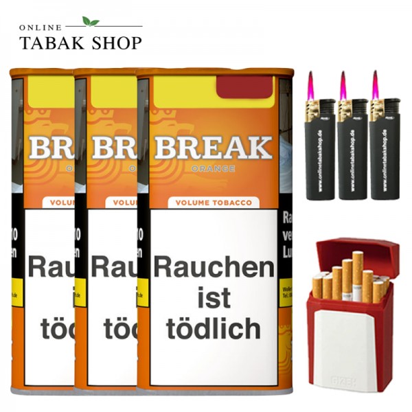 BREAK Orange Tabak (3 x 85g) + 3 Sturmfeuerzeuge + GIZEH Flip Case