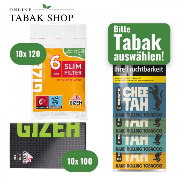 Chee Tah Tabak (10 x 30g) + GIZEH Black Fine Blättchen (10 x 100er) + GIZEH Slim Filter 6mm (10 x 120er)
