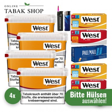 West Yellow Volumentabak (4 x 110g) + 1.000 Hülsen (nach Wahl) + 1 Sturmfeuerzeug + 1 Feuerzeug