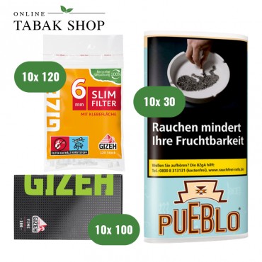 Pueblo Blue Tabak (10 x 30g) + GIZEH Black Fine Blättchen (10 x 100er) + GIZEH Slim Filter 6mm (10 x 120er)