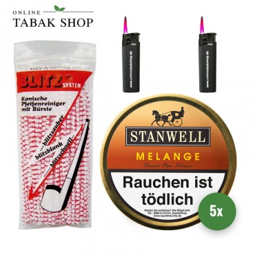Stanwell Melange Pfeifentabak (5 x 50g) + 80 BLITZ Pfeifenreiniger + 2 Sturmfeuerzeuge