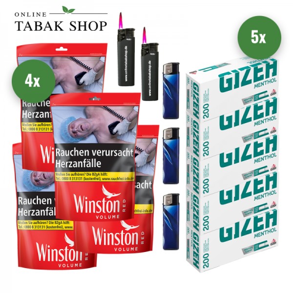 Winston Rot / Red Volumen-Tabak (4 x 105g) + 1.000 GIZEH Menthol Hülsen + 3 Feuerzeuge + 2 Sturmfeuerzeuge