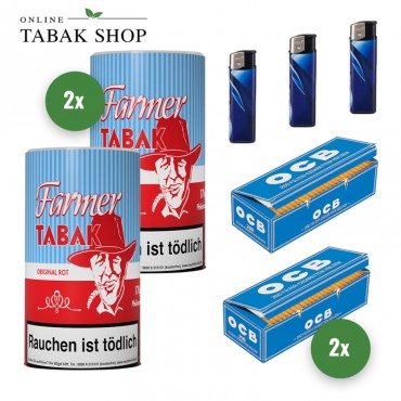 Farmer Rot Tabak / Pfeifentabak (2x 160g) + 400 OCB Hülsen + 3x Feuerzeuge