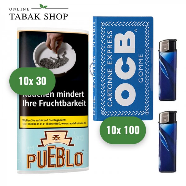 Pueblo Tabak (10x 30g), Sorte wählbar + OCB Blau Blättchen m. Gummizug (10x 100er) + 2 Feuerzeuge