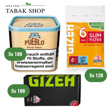 Pueblo Tabak (5x 100g), Sorte wählbar + Gizeh Black Fine (5x 100er)  + Gizeh Slim 6mm Filter Tips (5x 120er) Beutel
