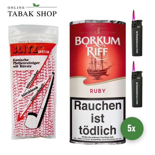 Borkum Riff Ruby Pfeifentabak (5 x 50g) + 80 Blitz Pfeifenreiniger + 2 Sturmfeuerzeuge
