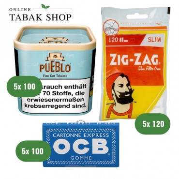Pueblo Tabak (5x 100g), Sorte wählbar + OCB Blau Blättchen m. Gummizug (5x 100er)  + Zig Zag Filter Tips (5x 120er) Beutel