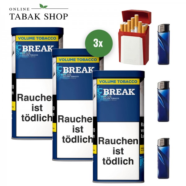 Break Blue Volumentabak (3 x 85g) + 3 Feuerzeuge + 1 Gizeh Etui