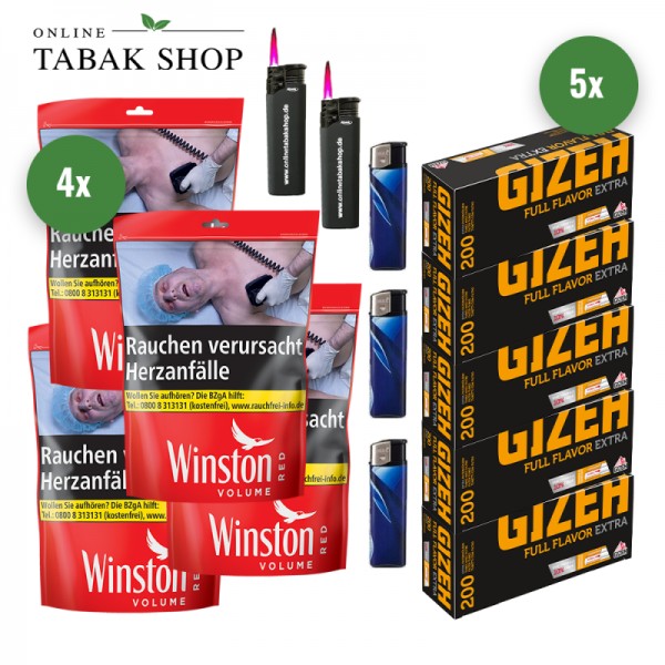 Winston Rot Tabak (4 x 105g) + 1.000 Gizeh Full Flavor Extra Hülsen + 3 Feuerzeuge + 2 Sturmfeuerzeuge