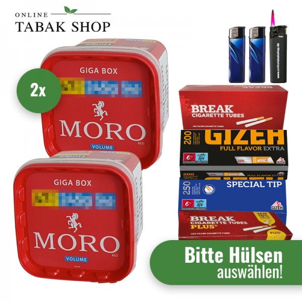 Moro Tabak (2 x 245g) + 1000 Hülsen (wählbar) + 2 Feuerzeuge + 1 Sturmfeuerzeug