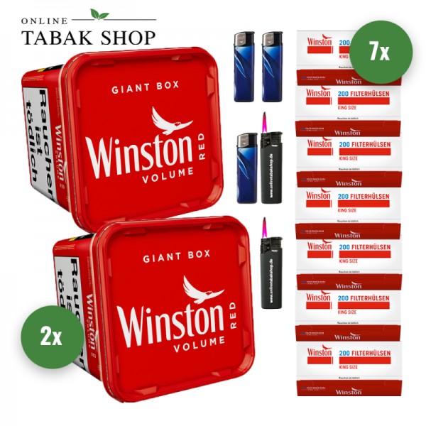 Winston Red Volumen Tabak (2 x 180g) + 1.400 Winston Hülsen + 3 Feuerzeuge + 2 Sturmfeuerzeuge