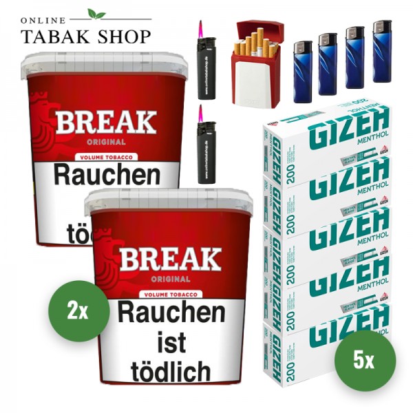 Break Original Volumentabak (2 x 195g) + 1.000 Gizeh Menthol Hülsen + 4 Feuerzeuge + 2 Sturmfeuerzeuge + Gizeh Etui