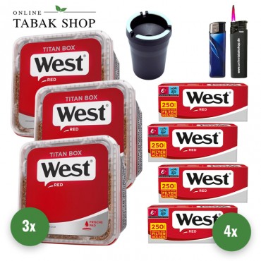 West Red Tabak Titan Box (3 x 280g) + 1.000 Hülsen + 1 Sturmfeuerzeug + 1 Feuerzeug + 1 KFZ- Aschenbecher