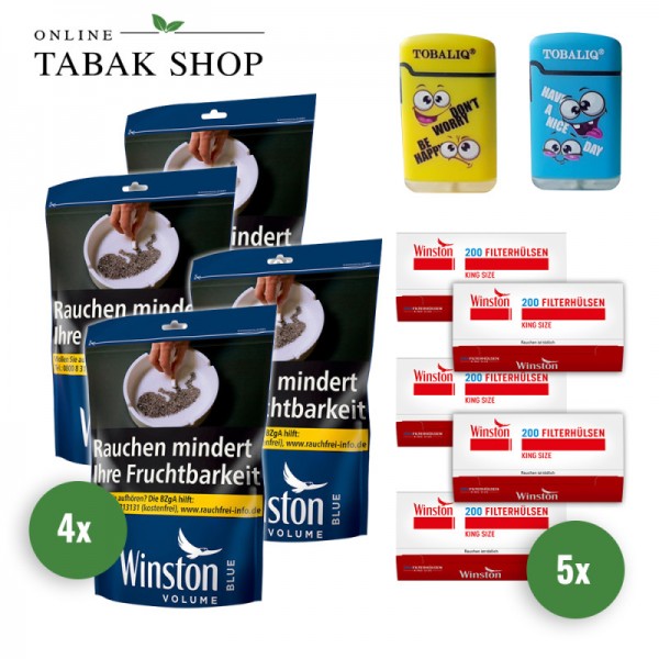 WINSTON Blue Volumentabak (4 x 105g) + 1.000 Winston Hülsen (Extra oder Normal) + 2 TobaliQ Happy Smile Motiv Feuerzeuge