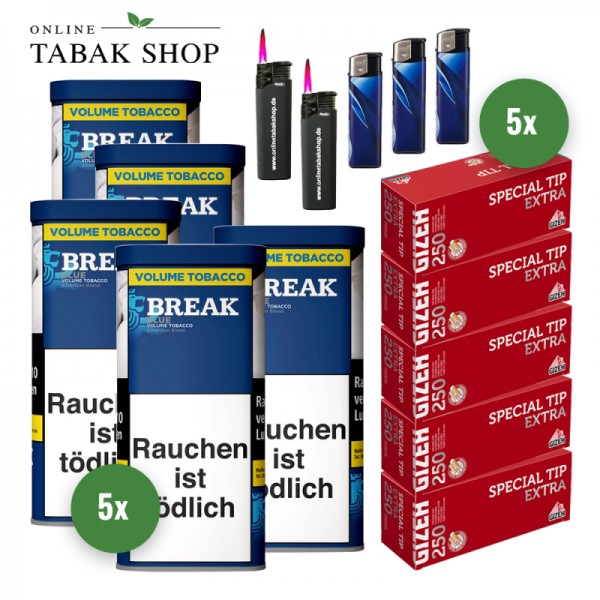 Break Blau / Blue Volumentabak (5 x 85g), 1.250 Gizeh Rot Extra Hülsen, 2 Sturmfeuerzeuge, 3 Feuerzeuge