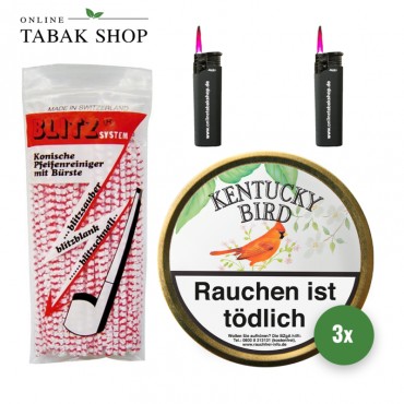 Kentucky Bird (3 x 100g) + 80 BLITZ Pfeifenreiniger + 2 Sturmfeuerzeuge