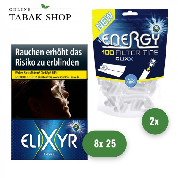Elixyr+ X-Type Zigaretten (8 x 25er) + Energy+ CLIXX Filter Tips (2 x 100er)