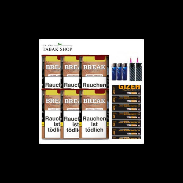 Break Authentic Volumentabak ohne Zusätze (6 x 57g) + 1.000 Gizeh Full Flavor Extra Hülsen + 3 Feuerzeuge + 2 Sturmfeuerzeuge