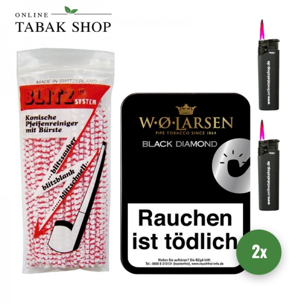 W.O. Larsen Black Diamond (2x 100g) + 80 BLITZ Pfeifenreiniger + 2 Sturmfeuerzeuge