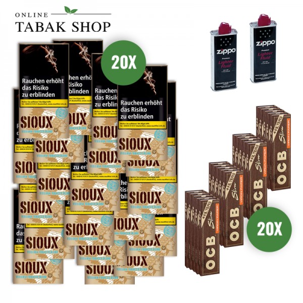 Sioux Virginia Blue (20x 30g)+OCB Virgin Slim Unbleached&Tips (20x 32)+2 Zippo Benzin