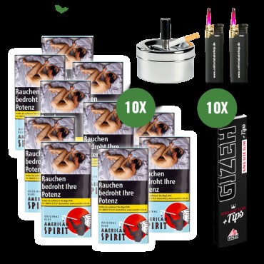 American Spirit Original Blue (10 x 30g)  + 10 x GIZEH Black King Size Slim Blättchen u. Tips, 2 Sturmfeuerzeuge, 1 Drehascher
