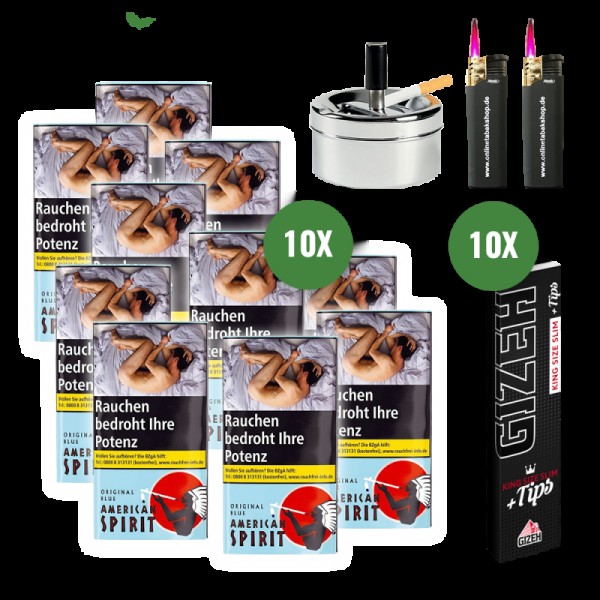American Spirit Original Blue (10 x 30g)  + 10 x GIZEH Black King Size Slim Blättchen u. Tips, 2 Sturmfeuerzeuge, 1 Drehascher