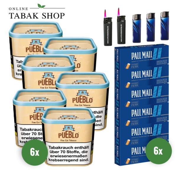 Pueblo Classic Fine Cut Tabak (6x 100g) + 1.200 Pall Mall Blau Xtra Hülsen + 2 x Sturmfeuerzeuge + 3 x Feuerzeuge