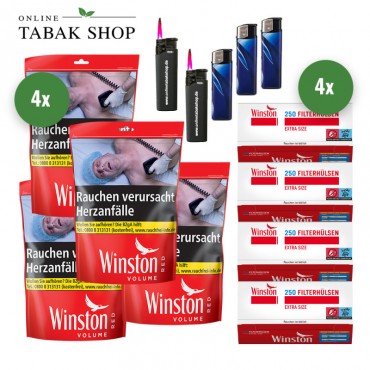 Winston Red Tabak (4 x 105g) + 1.000 Winston Extra Hülsen + 3 Feuerzeuge + 2 Sturmfeuerzeuge