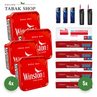 Winston Volumen Tabak Mega Box (4 x 125g) + 1.250 Winston Extra Hülsen + 3 Feuerzeuge + 2 Sturmfeuerzeuge
