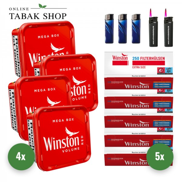 Winston Volumen Tabak Mega Box (4 x 125g) + 1.250 Winston Extra Hülsen + 3 Feuerzeuge + 2 Sturmfeuerzeuge
