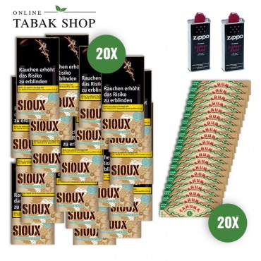 Sioux Virginia Blue (20x 30g) + Canuma Bambusblättchen + King Size Slims&Filtertips (20x 32) + 2 Zippo Benzin