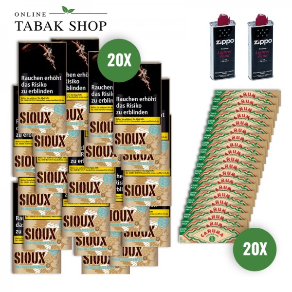 Sioux Virginia Blue (20x 30g) + Canuma Bambusblättchen + King Size Slims&Filtertips (20x 32) + 2 Zippo Benzin