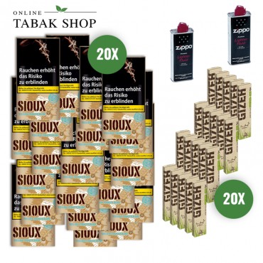 Sioux Virginia Blue (20 x 30g) + GIZEH Hanf + Gras King Size Slim & Tips (20 x 35) + 2 Zippo Benzin