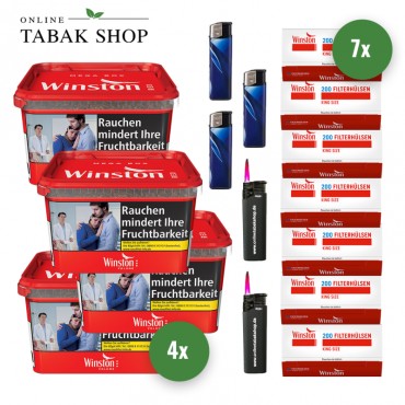 Winston Volumen Tabak Mega Box (4 x 125g) + 1.400 Winston Hülsen + 3 Feuerzeuge + 2 Sturmfeuerzeuge