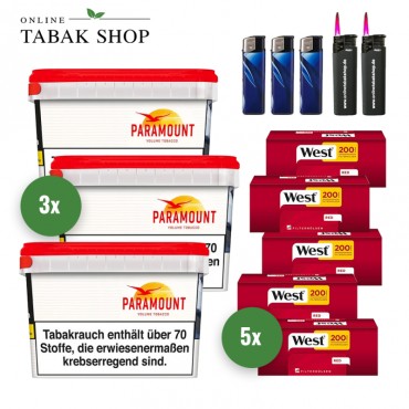 PARAMOUNT (3 x 125g) + 1.000 WEST Hülsen (wählbar) + 2 Sturmfeuerzeuge + 3 Feuerzeuge