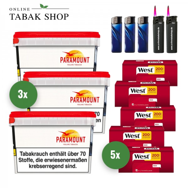PARAMOUNT (3 x 125g) + 1.000 WEST Hülsen (wählbar) + 2 Sturmfeuerzeuge + 3 Feuerzeuge