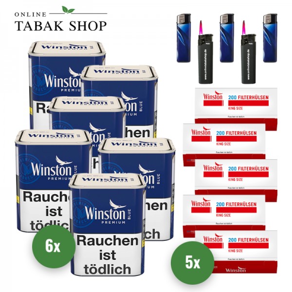 Winston Blau Zigaretten Tabak (6 x 60g) + 1.000 Winston Hülsen + 3 Feuerzeuge + 2 Sturmfeuerzeuge