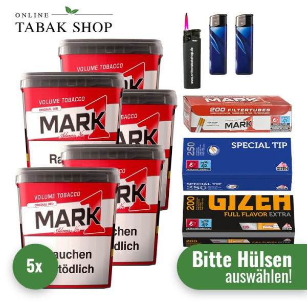 Mark 1 Tabak (5 x 320g) + 3.000 Hülsen (wählbar) + 2 Feuerzeuge + 1 Sturmfeuerzeug
