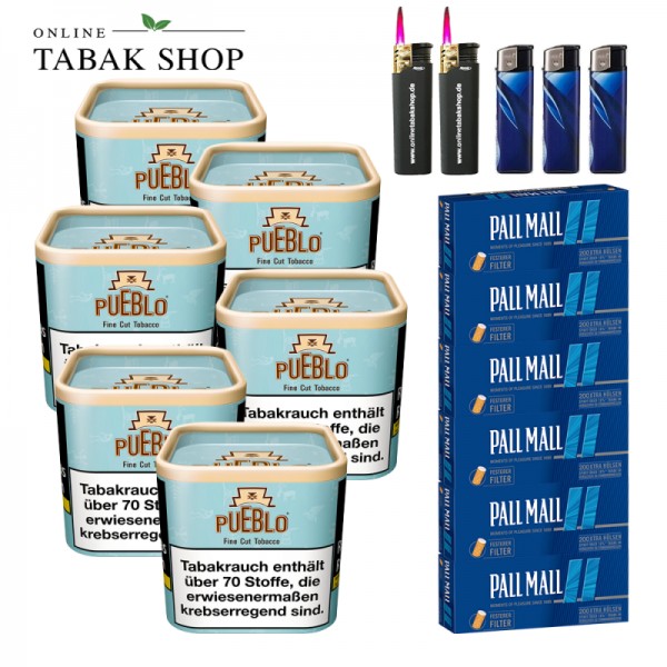 PUEBLO "Blue" Tabak (6 x 100g) + 1.200 Pall Mall Blue Xtra Hülsen + 2 Sturmfeuerzeuge + 3 Feuerzeuge