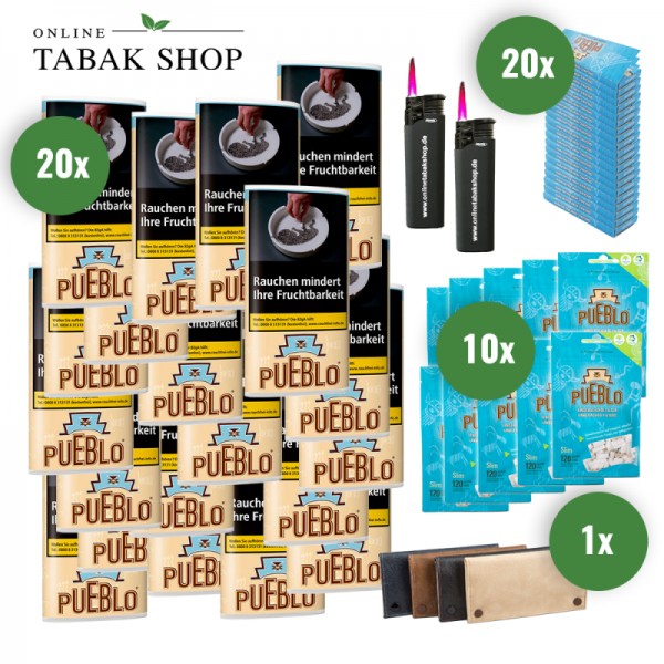 PUEBLO Tabak (20 x 30g) + PUEBLO Blättchen (20 x 50er) + PUEBLO Filter (10 x 120er) + 2 Sturmfeuerzeuge + Pouch Bag