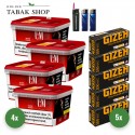 L&M Tabak Red Mega Box (4 x 129g) + 1.000 Hülsen (nach Wahl) + 2 Feuerzeuge + 1 Sturmfeuerzeug