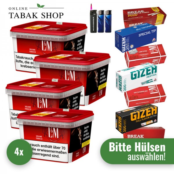 L&M Tabak Red Mega Box (4 x 129g) + 1.000 Hülsen (nach Wahl) + 2 Feuerzeuge + 1 Sturmfeuerzeug