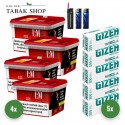 L&M Tabak Red Mega Box (4 x 129g) + 1.000 Hülsen (nach Wahl) + 2 Feuerzeuge + 1 Sturmfeuerzeug