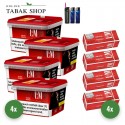 L&M Tabak Red Mega Box (4 x 129g) + 1.000 Hülsen (nach Wahl) + 2 Feuerzeuge + 1 Sturmfeuerzeug