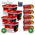 L&M Tabak Red Mega Box (4 x 129g) + 1.000 Hülsen (nach Wahl) + 2 Feuerzeuge + 1 Sturmfeuerzeug