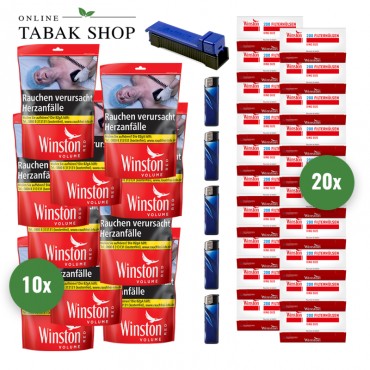 Winston Volumen Tabak Classic XXL (10 x 105g) + 4.000 Winston Hülsen + 5 Feuerzeuge + 1 Angel Stopfer
