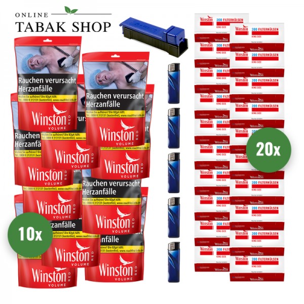 Winston Volumen Tabak Classic XXL (10 x 105g) + 4.000 Winston Hülsen + 5 Feuerzeuge + 1 Angel Stopfer