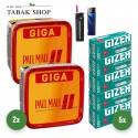 Pall Mall Volumentabak (2 x 263g) + 1.000 Hülsen (wählbar) + 1 Sturmfeuerzeug + 1 Feuerzeug